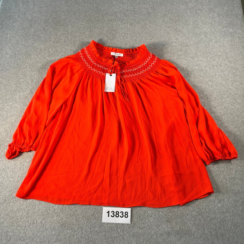 Rose + Olive Blouse Top Womens 2X Orange Smocked Embroidered Neck Bishop Sleeves